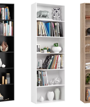 Modern Design 6-Laags Boekenkast – Slanke Opbergkast met Houten Planken (60x23,5x180cm, Wit/Zwart/Eiken)