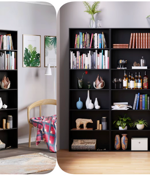 Modern Design 6-Laags Boekenkast – Slanke Opbergkast met Houten Planken (60x23,5x180cm, Wit/Zwart/Eiken)