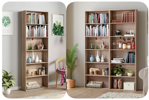 Modern Design 6-Laags Boekenkast – Slanke Opbergkast met Houten Planken (60x23,5x180cm, Wit/Zwart/Eiken)