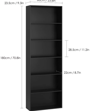 Modern Design 6-Laags Boekenkast – Slanke Opbergkast met Houten Planken (60x23,5x180cm, Wit/Zwart/Eiken)