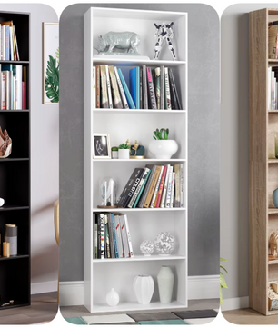 Modern Design 6-Laags Boekenkast – Slanke Opbergkast met Houten Planken (60x23,5x180cm, Wit/Zwart/Eiken)