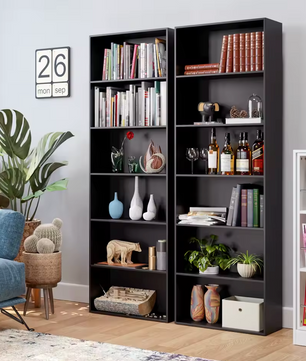 Modern Design 6-Laags Boekenkast – Slanke Opbergkast met Houten Planken (60x23,5x180cm, Wit/Zwart/Eiken)