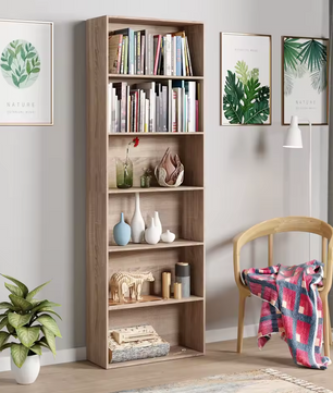 Modern Design 6-Laags Boekenkast – Slanke Opbergkast met Houten Planken (60x23,5x180cm, Wit/Zwart/Eiken)