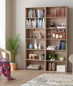 Modern Design 6-Laags Boekenkast – Slanke Opbergkast met Houten Planken (60x23,5x180cm, Wit/Zwart/Eiken)