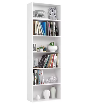 Modern Design 6-Laags Boekenkast – Slanke Opbergkast met Houten Planken (60x23,5x180cm, Wit/Zwart/Eiken)