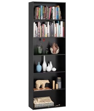 Modern Design 6-Laags Boekenkast – Slanke Opbergkast met Houten Planken (60x23,5x180cm, Wit/Zwart/Eiken)