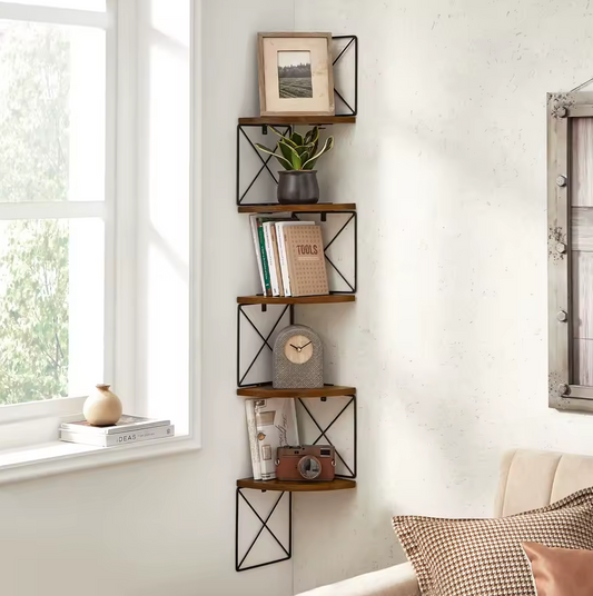 5-Laags Zigzag Hoek Wandkast – Industrieel Design met Staal en Hout