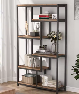 Industriële Boekenkast met 8 Verspringende Planken – Vrijstaande Kast van Metaal en Hout