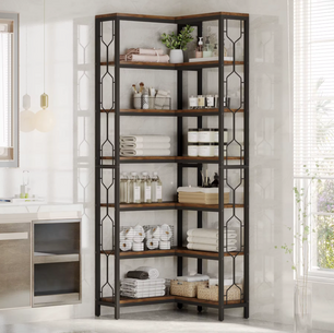 Industriële 7-Laags Hoekkast – Vrijstaande Houten & Metalen Etagère Boekenkast (Hoekmodel)