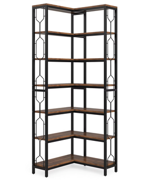 Industriële 7-Laags Hoekkast – Vrijstaande Houten & Metalen Etagère Boekenkast (Hoekmodel)