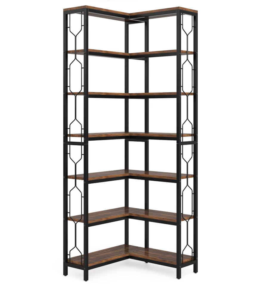 Industriële 7-Laags Hoekkast – Vrijstaande Houten &amp; Metalen Etagère Boekenkast (Hoekmodel)