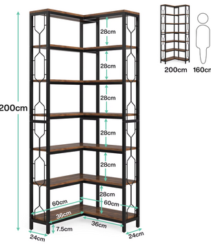 Industriële 7-Laags Hoekkast – Vrijstaande Houten & Metalen Etagère Boekenkast (Hoekmodel)