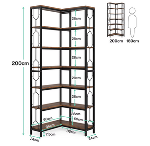 Industriële 7-Laags Hoekkast – Vrijstaande Houten & Metalen Etagère Boekenkast (Hoekmodel)