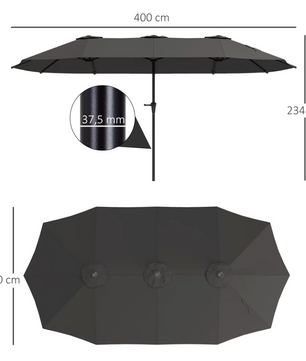 Dubbele Parasol 4x2,2 m – Handmatig Cranksysteem – Waterdicht en UV-bescherming – Donkergrijs