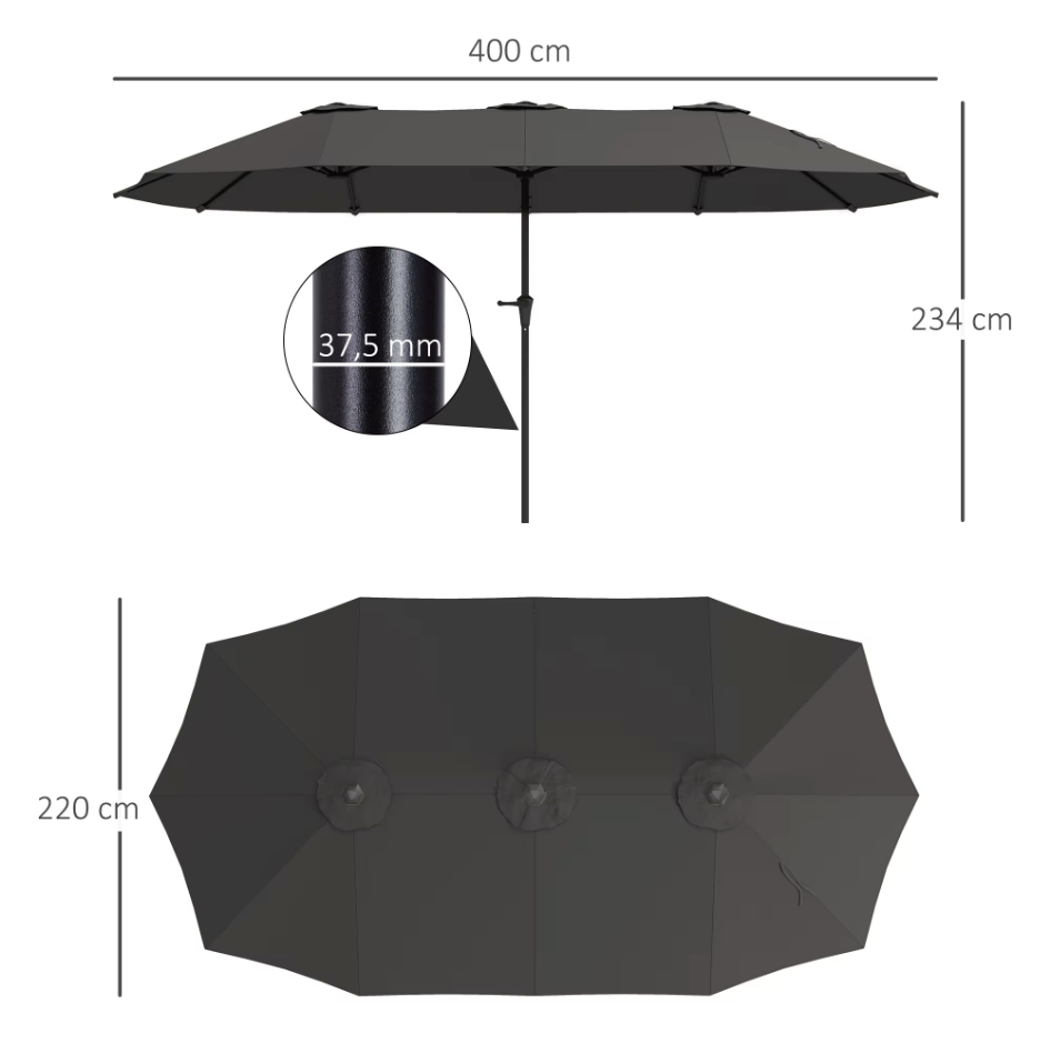 Dubbele Parasol 4x2,2 m – Handmatig Cranksysteem – Waterdicht en UV-bescherming – Donkergrijs