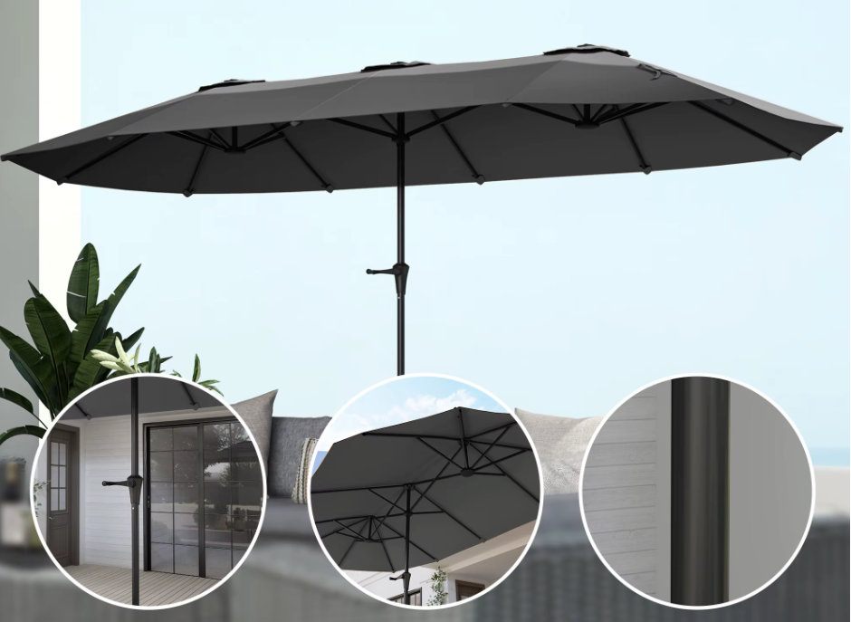 Dubbele Parasol 4x2,2 m – Handmatig Cranksysteem – Waterdicht en UV-bescherming – Donkergrijs