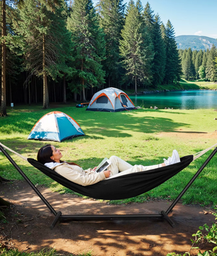 Dubbele Hangmat met Standaard – 250 kg Capaciteit – Voor 2 Personen – 280x105x100 cm – Inclusief Draagtas