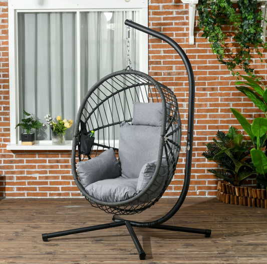 Hangstoel – Ei Stoel met Standaard – Donkergrijs – Opvouwbaar Stoelei – Max. 120 kg