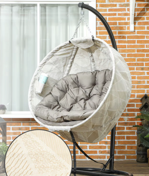 Hangstoel – Ei Stoel met Standaard – Zandbruin, zwart, gebroken wit – tot 125kg