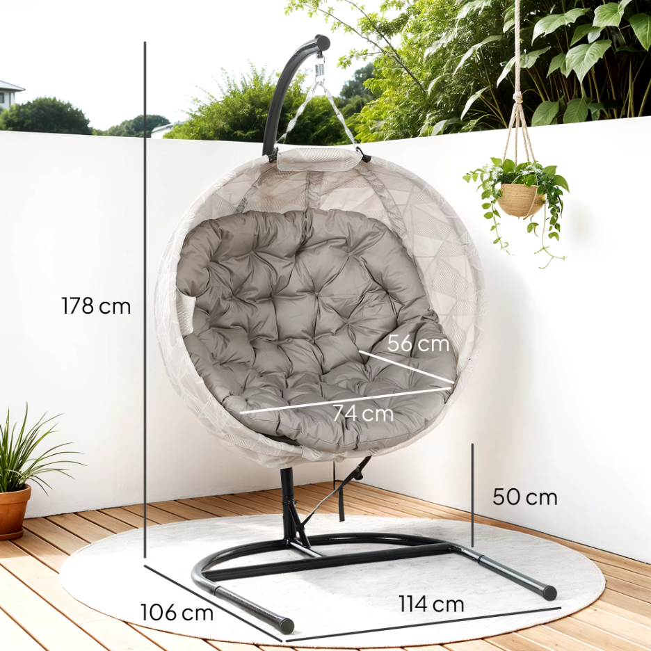 Hangstoel – Ei Stoel met Standaard – Zandbruin, zwart, gebroken wit – tot 125kg