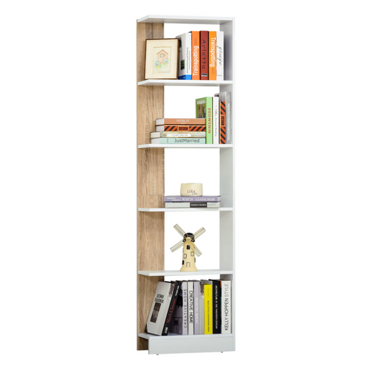 Boekenkast met 5 Planken – Verhoogde Basis – Wit en Eikenlook