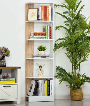 Boekenkast met 5 Planken – Verhoogde Basis – Wit en Eikenlook