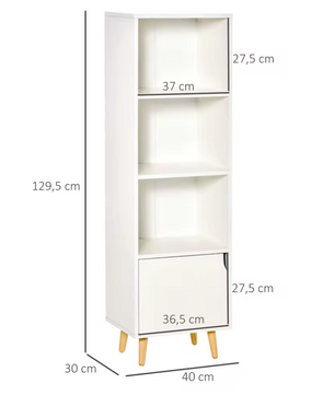 Boekenkast met 3 Open Planken en 1 Deur – 40x30x129,5 cm – Wit