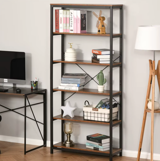 Open Vakkenkast – 6-Laags Boekenkast Industrieel – 80x30x180 cm – Rustiek Bruin en Zwart