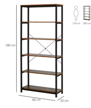 Open Vakkenkast – 6-Laags Boekenkast Industrieel – 80x30x180 cm – Rustiek Bruin en Zwart