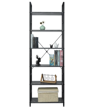 Vakkenkast 6-Laags – Houten Opergkast met Metalen Frame – 60x28x180 cm – Vintage Zwart