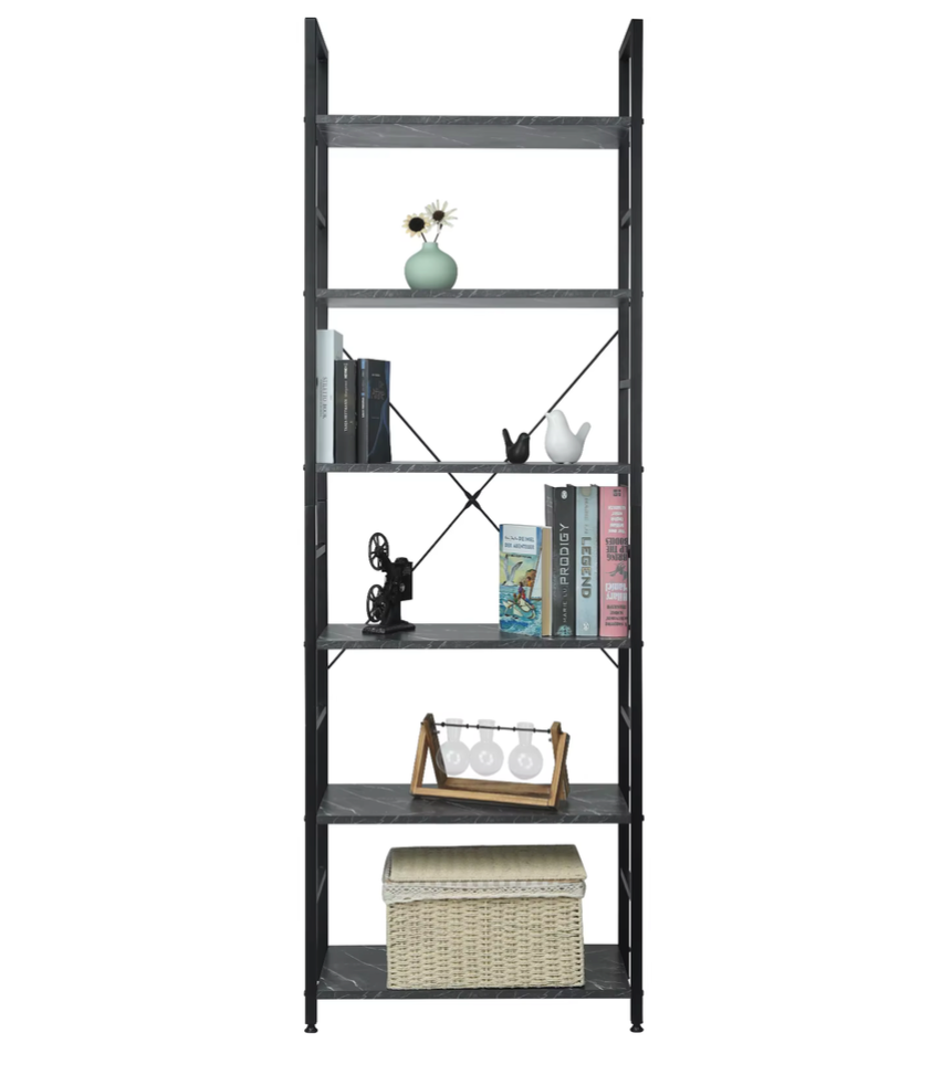 Vakkenkast 6-Laags – Houten Opergkast met Metalen Frame – 60x28x180 cm – Vintage Zwart