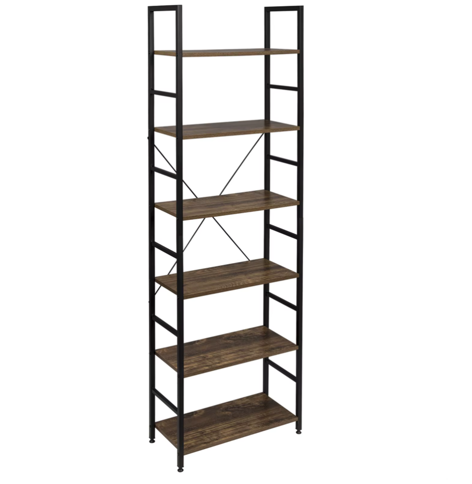 Vakkenkast 6-Laags – Houten Opergkast met Metalen Frame – 60x28x180 cm – Vintage Zwart