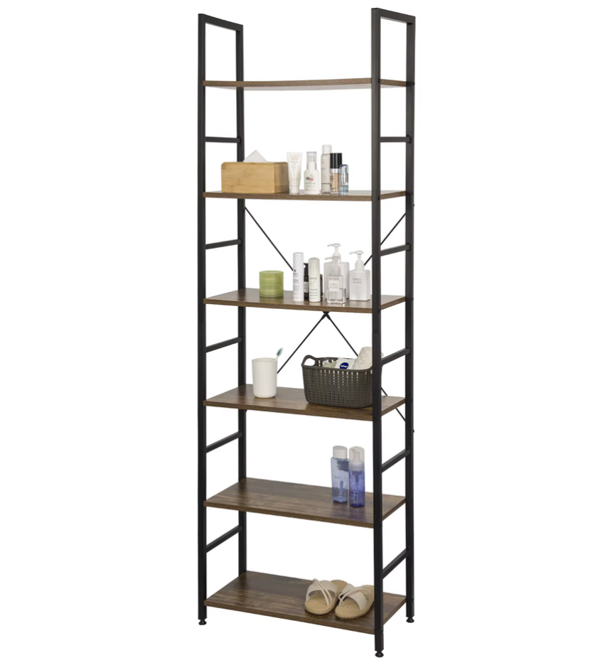Vakkenkast 6-Laags – Houten Opergkast met Metalen Frame – 60x28x180 cm – Vintage Zwart
