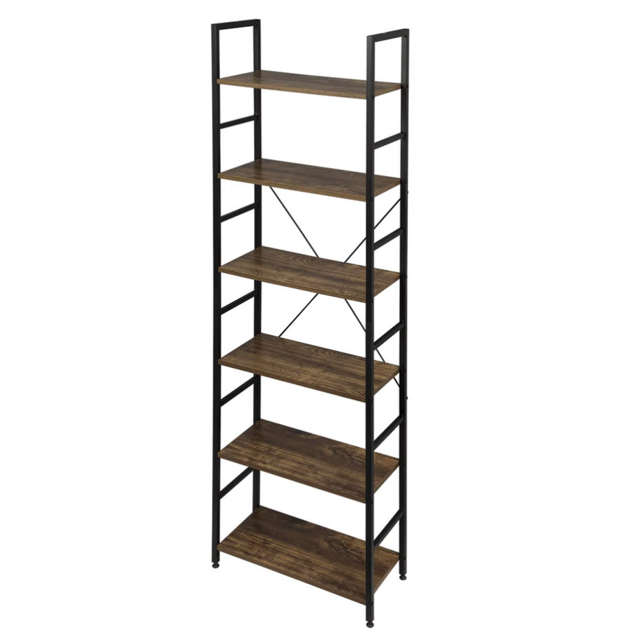 Vakkenkast 6-Laags – Houten Opergkast met Metalen Frame – 60x28x180 cm – Vintage Zwart