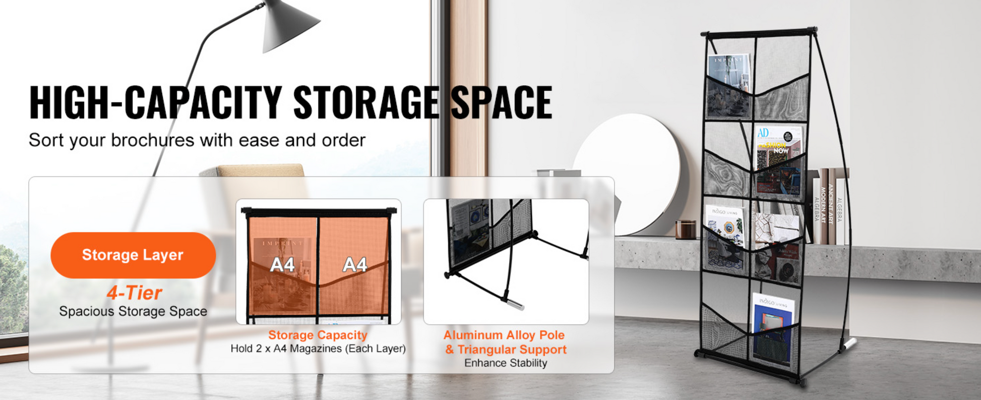 Tijdschriftenrek – 4-Laags Brochure Display Standaard – Zwart
