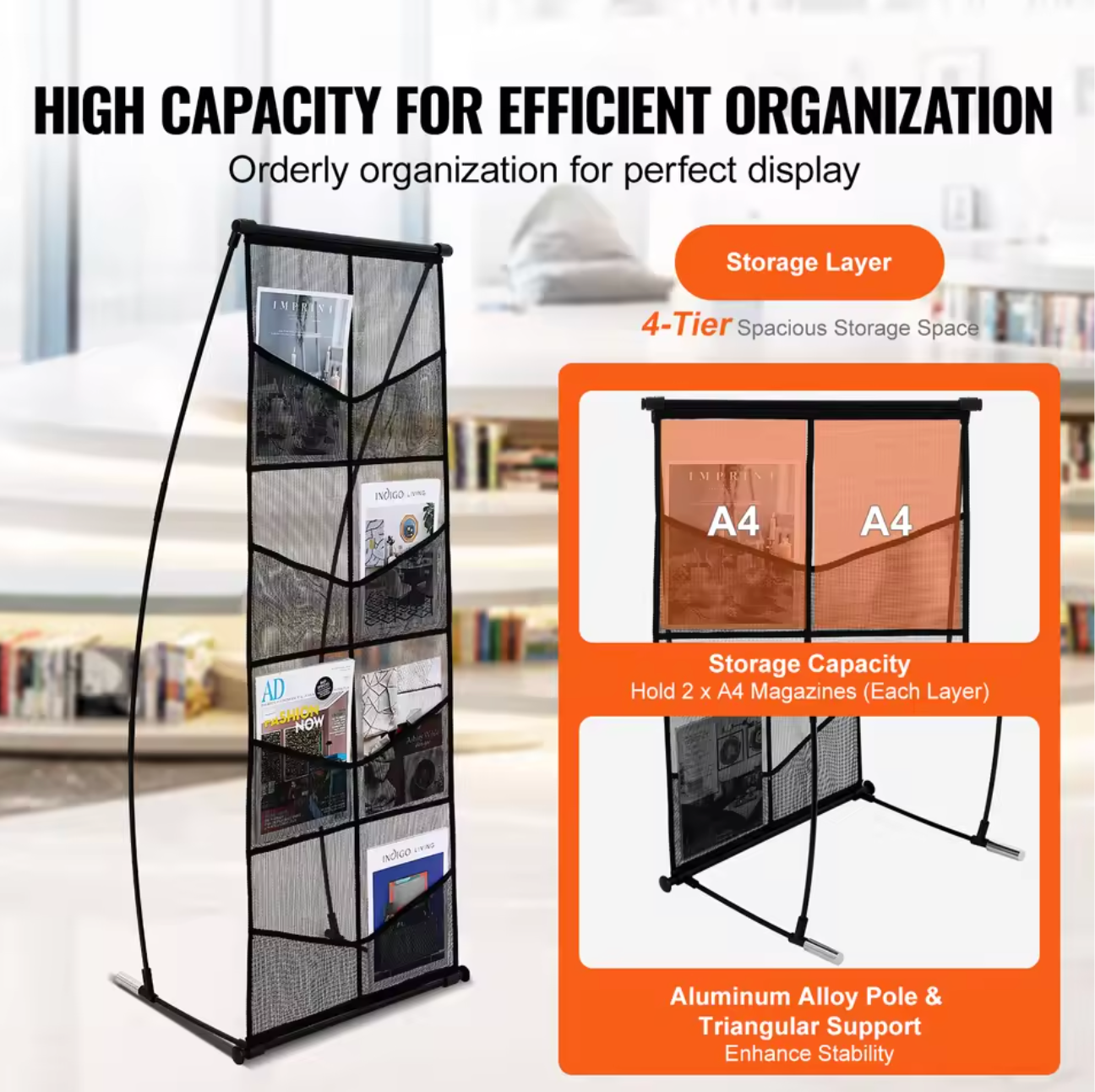 Tijdschriftenrek – 4-Laags Brochure Display Standaard – Zwart