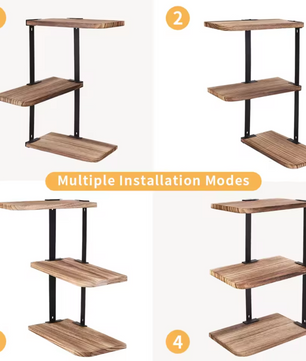 3-Lagen Wandgemonteerde Stellingkast – Rustieke Houten Wandrekken – Zwart IJzeren Frame