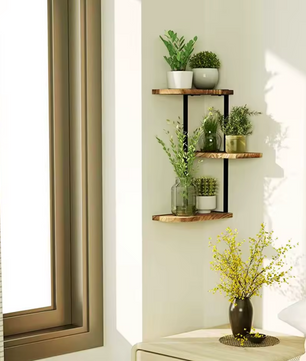 3-Lagen Wandgemonteerde Stellingkast – Rustieke Houten Wandrekken – Zwart IJzeren Frame