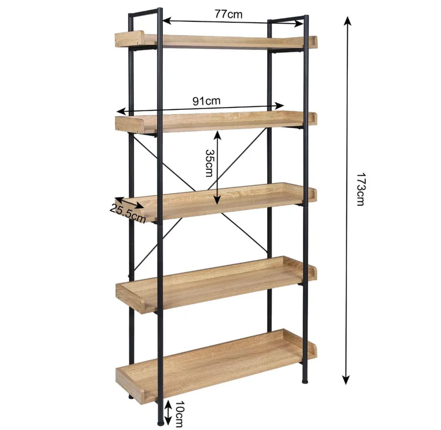Stellingkast met 5 Planken – Boekenkast van Metaal en MDF –  Licht Eiken en Zwart