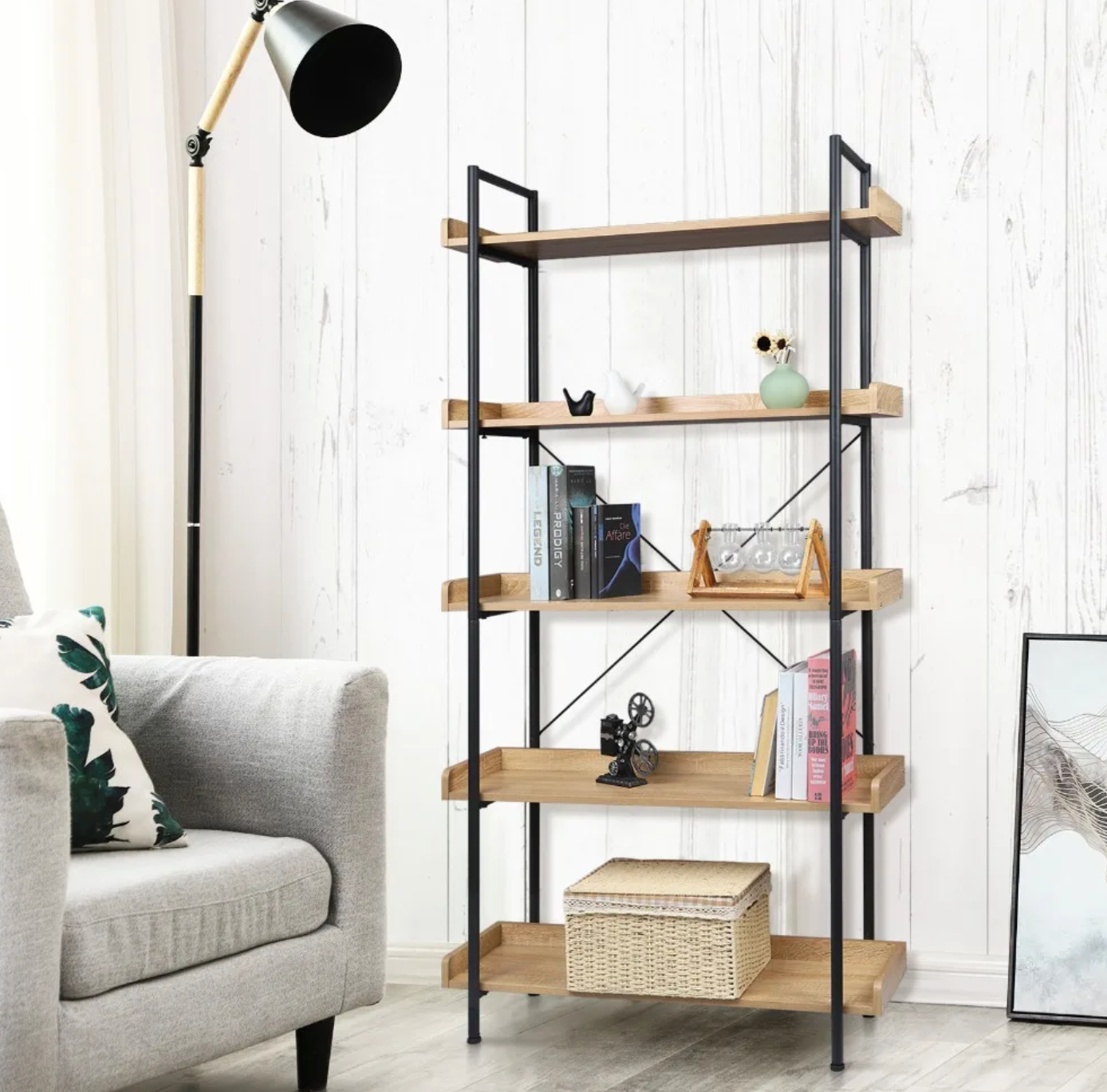 Stellingkast met 5 Planken – Boekenkast van Metaal en MDF –  Licht Eiken en Zwart