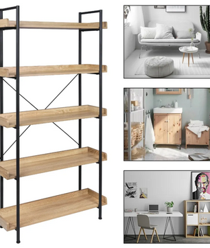 Stellingkast met 5 Planken – Boekenkast van Metaal en MDF –  Licht Eiken en Zwart