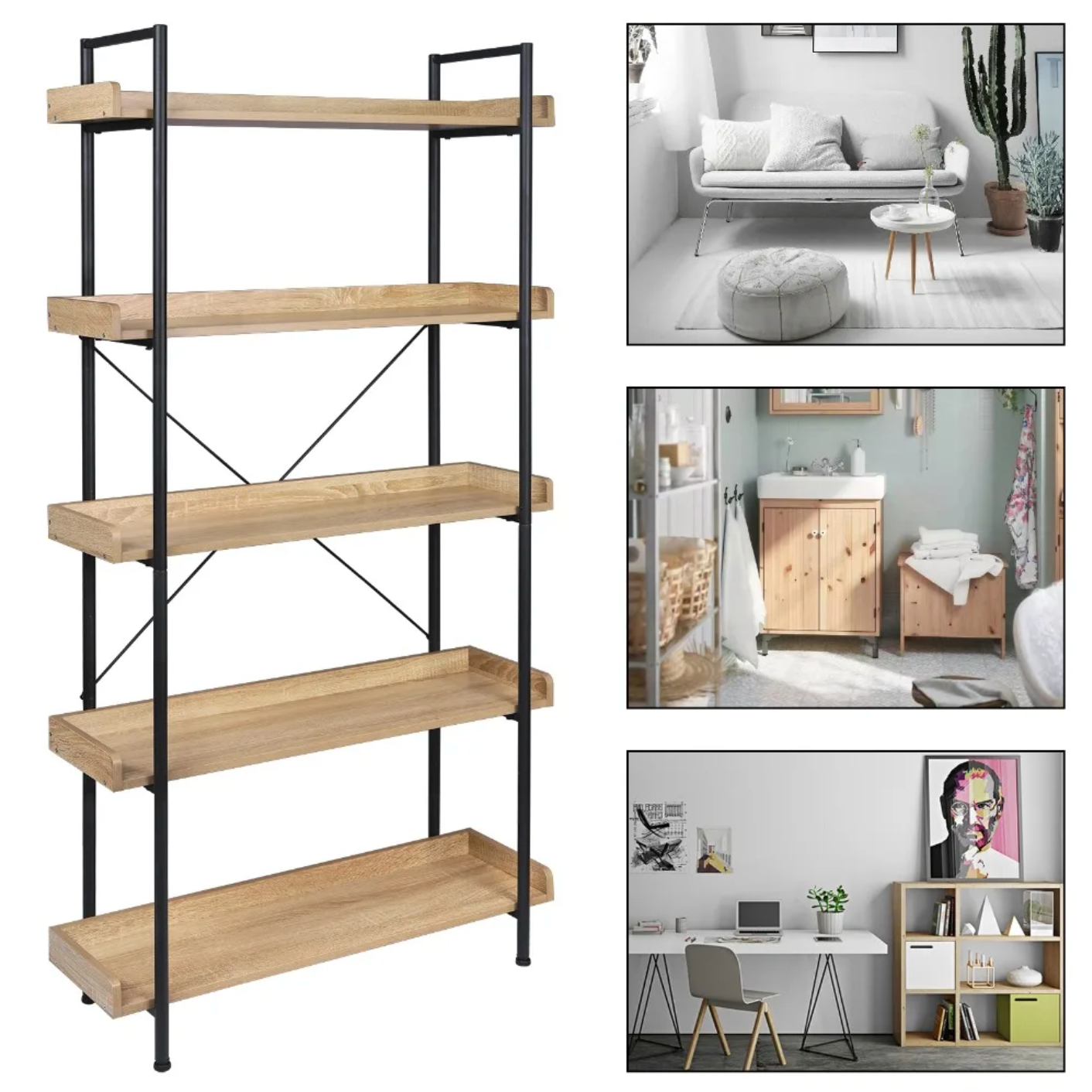 Stellingkast met 5 Planken – Boekenkast van Metaal en MDF –  Licht Eiken en Zwart