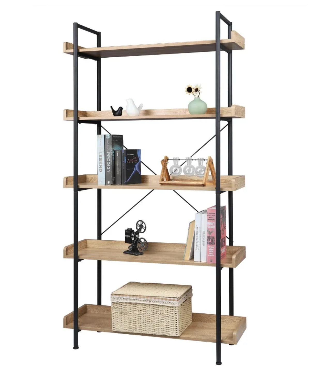 Stellingkast met 5 Planken – Boekenkast van Metaal en MDF –  Licht Eiken en Zwart