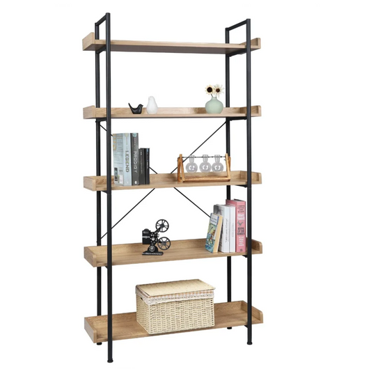 Stellingkast met 5 Planken – Boekenkast van Metaal en MDF –  Licht Eiken en Zwart