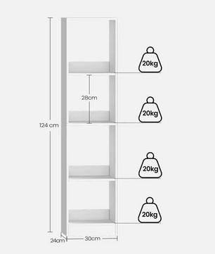 Boekenkast – Witte Houten Stellingkast – 4 Planken – Verstelbaar en Ruimtebesparend – 124x30x24 cm