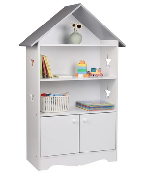 Kinderboekenkast – Boekenplank met Deur – Wit en grijs