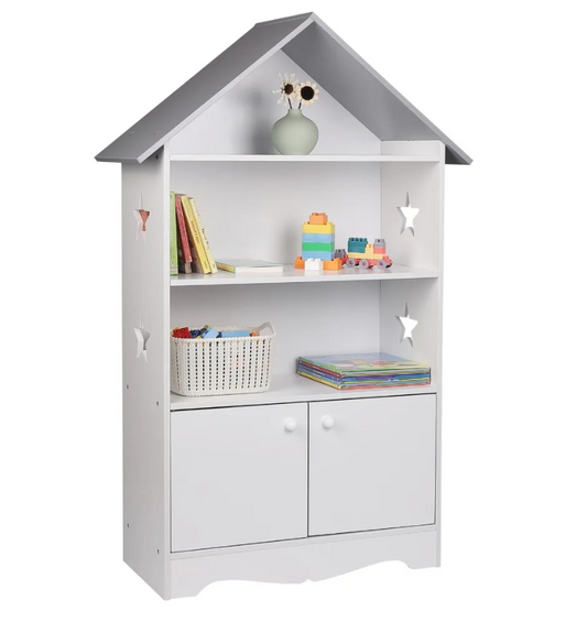 Kinderboekenkast – Boekenplank met Deur – Wit en grijs