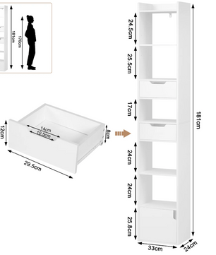 Boekenkast – Smalle Hoge Stellingkast – Wit of Licht Eiken – 33x181x24 cm