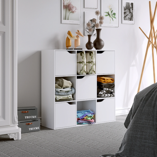 Getone Boekenkast – Witte 9-Vaks Opbergkast met 5 Deuren – Houten Kubuskast