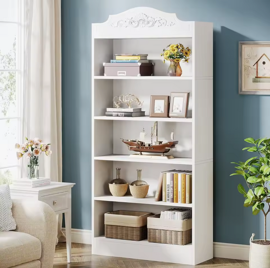 Witte Boekenkast – 5-Laags – 185x80x30 cm – Klassiek Design met Opbergplanken